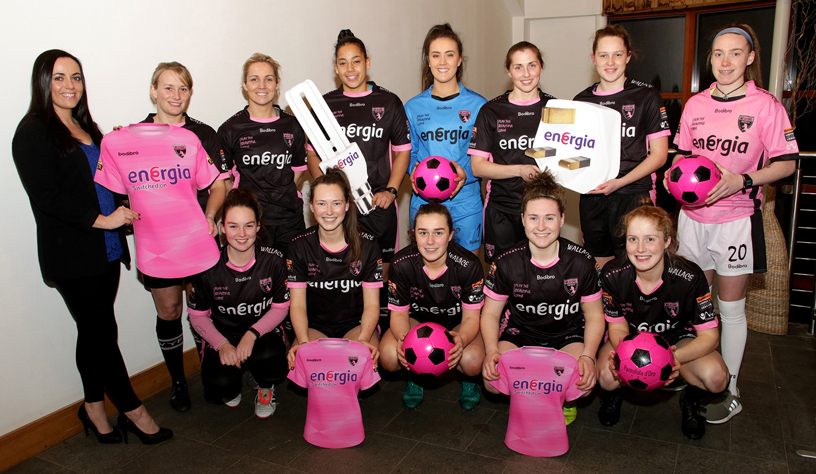 Dee Hurley of Energia (left), with members of the Wexford Youths Women foot