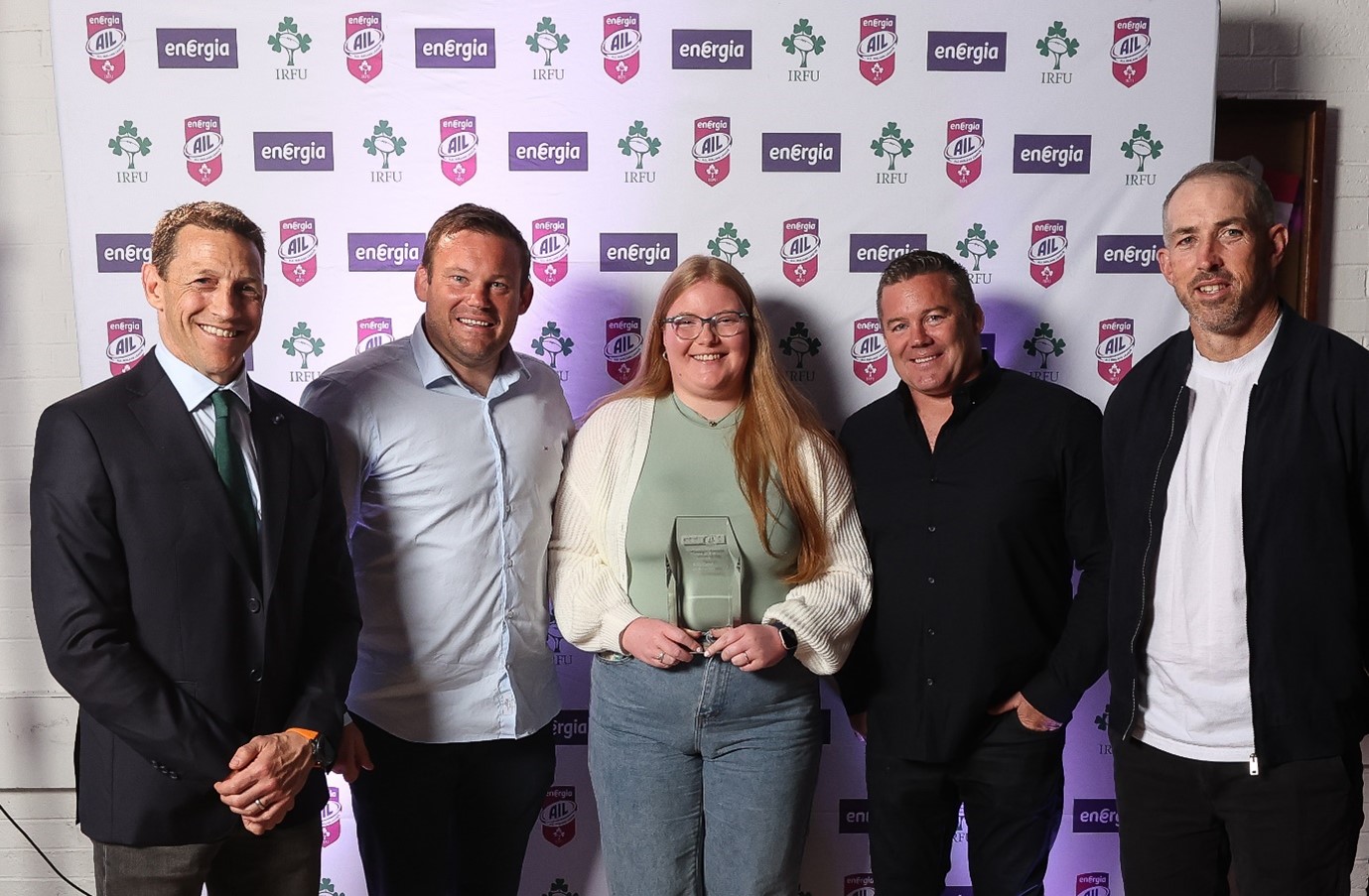 Caoilinn Cahill accepting the Energia All-Ireland League Women's Division Player of the Year 2024/25 Award on behalf of her sister Eilís Cahill