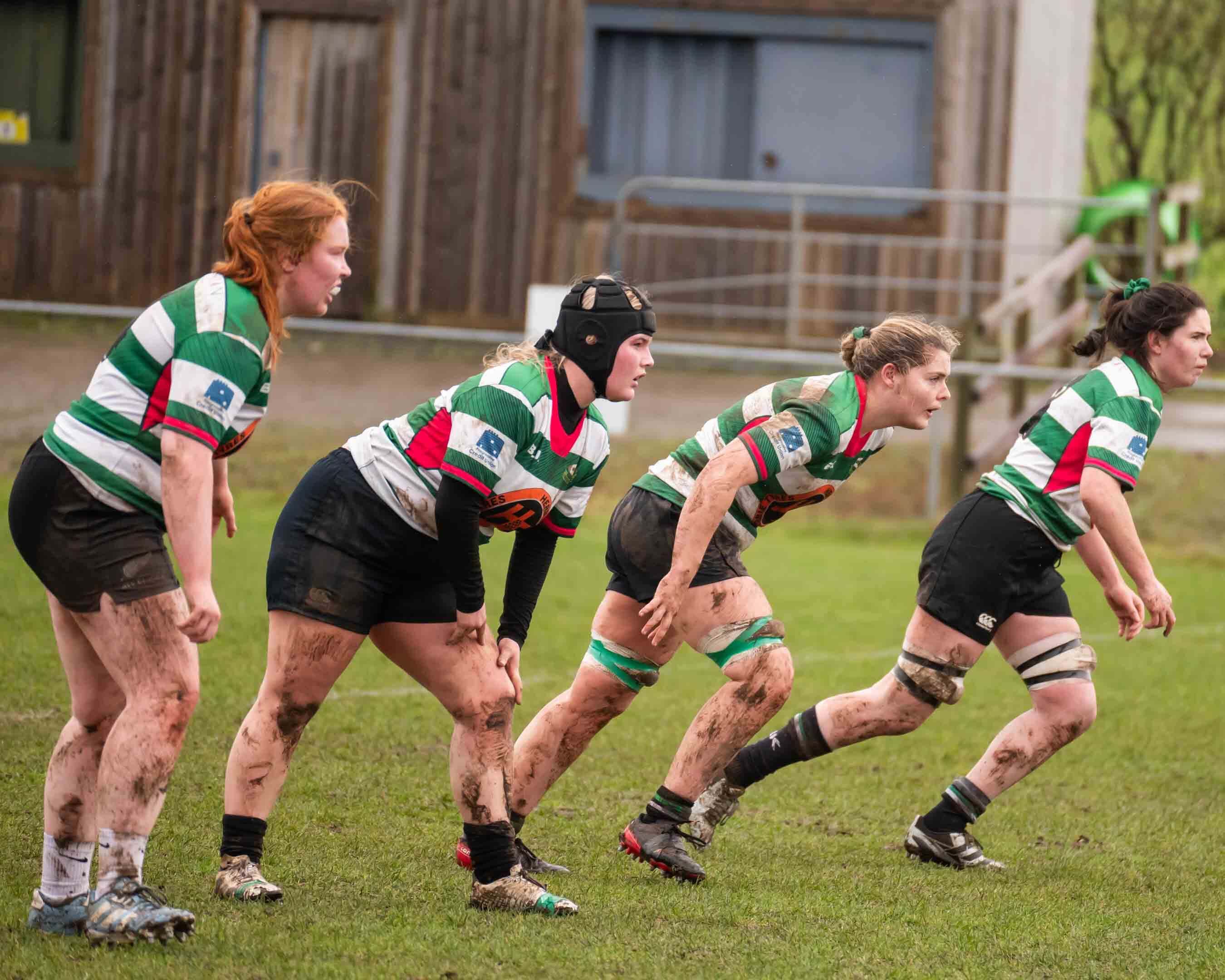 Balbriggan women's players in a defensive line