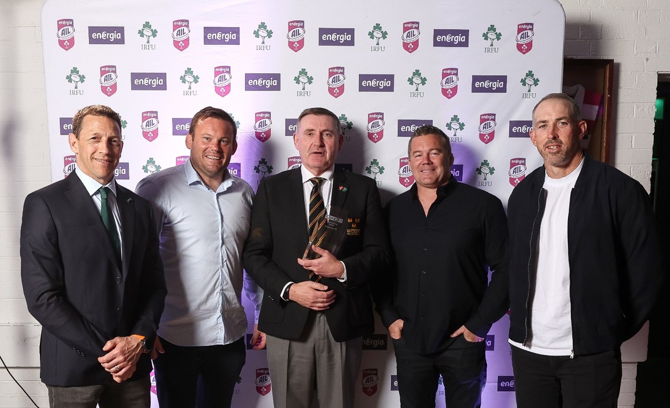 Conor Shaw President of Lansdowne FC, who accepted the Energia All-Ireland Possibilities Award 2024/25, with Ireland’s Women’s Head Coach Scott Bemand, Women’s Scrum Coach Denis Fogarty, National Scrum Coach John Fogarty and Men’s Backs Coach Andrew Goodman.